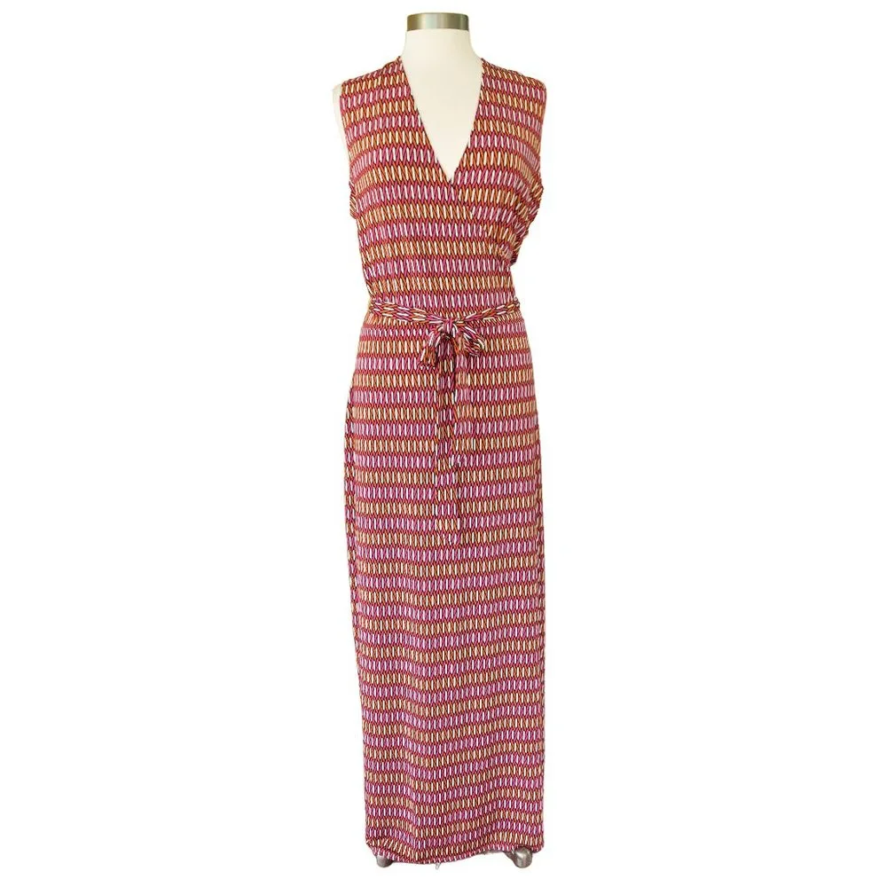 LEOTA Perfect Wrap Sleevless Maxi Dress Stretch Jersey Pink Orange Print - Picture 1 of 10